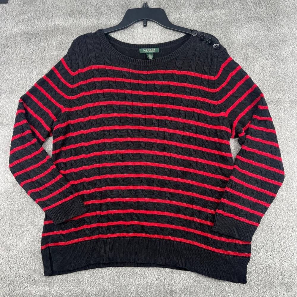 Lauren Ralph Lauren Sweater Womens 1X Black Red Striped Cable‎ Knit